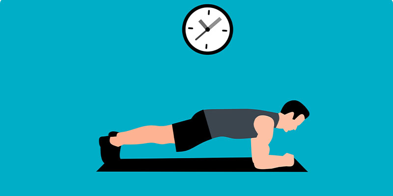 Graphical illustration of a man working out in his home, where wall clock is seen in his background.