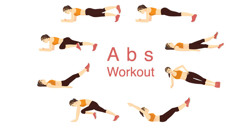 Graphical illustration of a woman in a workout wear doing different exercises to reduce fat in the abdominal area.